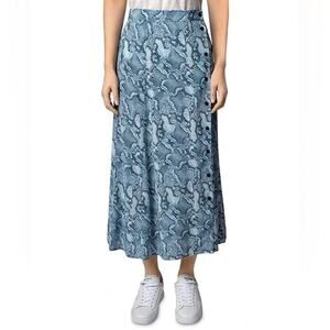Zadig & Voltaire June Wild Blue Snake Print Silk Midi Skirt Size EU 36